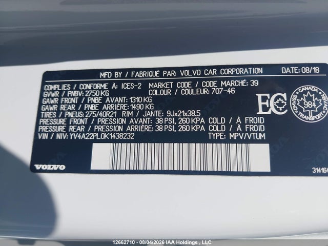 2019 Volvo Xc90 Inscription მანქანა იყიდება აუქციონზე, vin: YV4A22PL0K1438232, აუქციონის ნომერი: 12662710