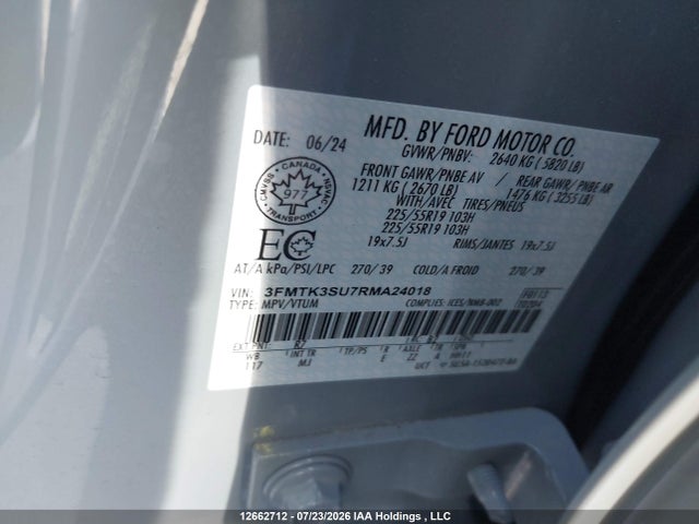 2024 Ford Mustang Mach-e მანქანა იყიდება აუქციონზე, vin: 3FMTK3SU7RMA24018, აუქციონის ნომერი: 12662712