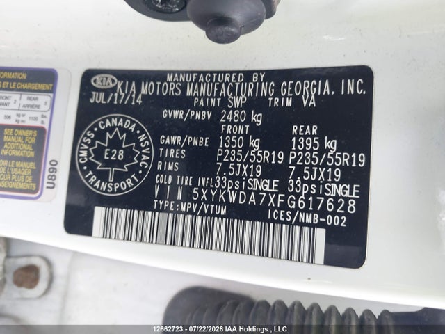 Продажа на аукционе авто 2015 Kia Sorento Sx/sx Limited, vin: 5XYKWDA7XFG617628, номер лота: 12662723