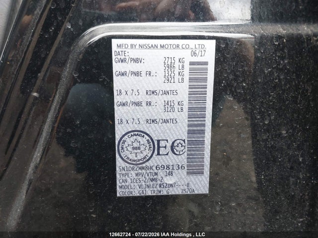 12662724 :رقم المزاد ، 5N1DR2MM8HC698136 vin ، 2017 Nissan Pathfinder S/sv/sl/platinum مزاد بيع
