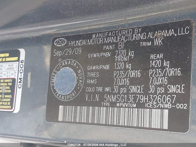 Aukcja sprzedaży 2009 Hyundai Santa Fe Gl, vin: 5NMSG13E79H326067, numer aukcji: 12662726