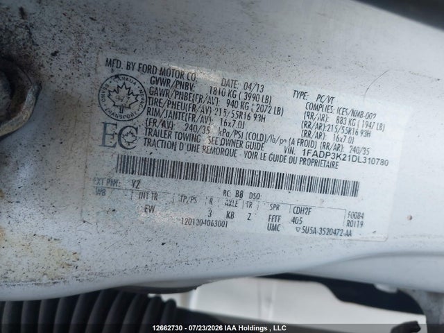 12662730 :رقم المزاد ، 1FADP3K21DL310780 vin ، 2013 Ford Focus Se مزاد بيع
