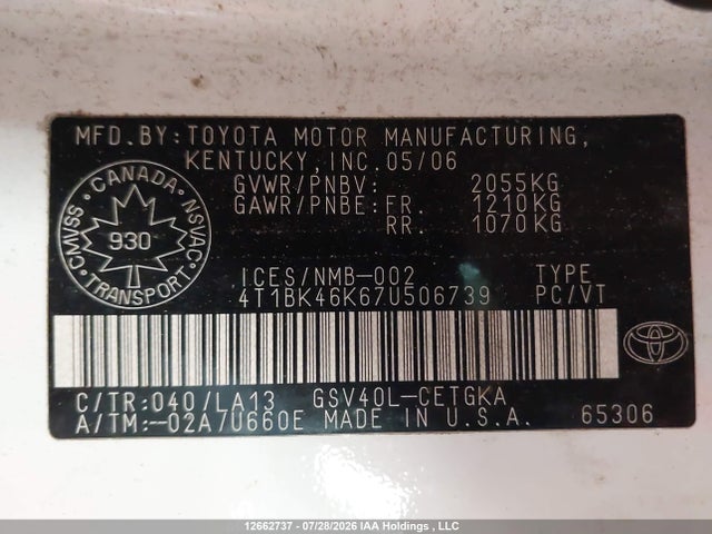 Продаж на аукціоні авто 2007 Toyota Camry, vin: 4T1BK46K67U506739, номер лоту: 12662737