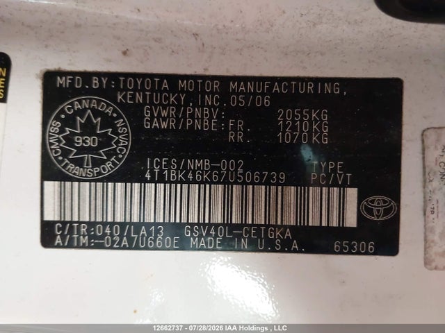 Продаж на аукціоні авто 2007 Toyota Camry, vin: 4T1BK46K67U506739, номер лоту: 12662737