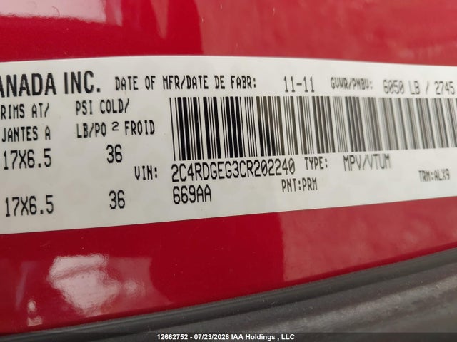 Aukcja sprzedaży 2012 Dodge Grand Caravan R/t, vin: 2C4RDGEG3CR202240, numer aukcji: 12662752