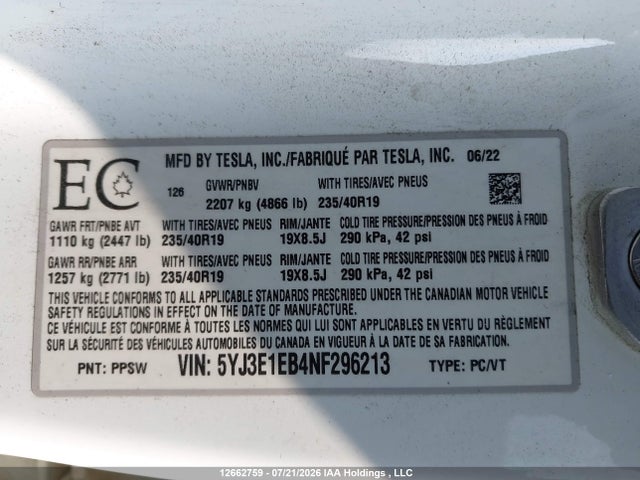 Tesla Model 3 Long Range 2022 5YJ3E1EB4NF296213 Image 19