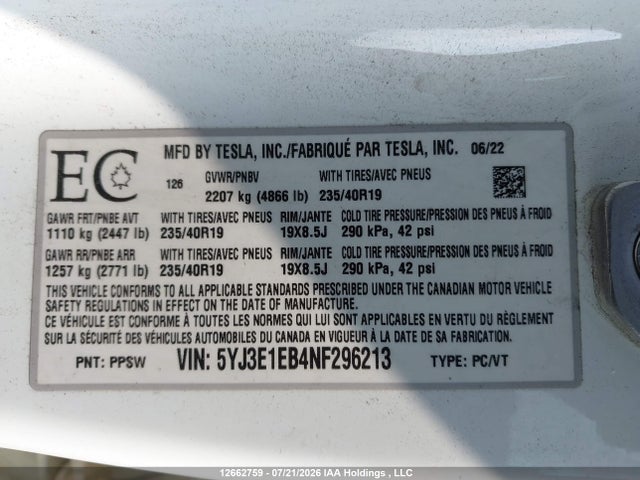 Tesla Model 3 Long Range 2022 5YJ3E1EB4NF296213 Image 9
