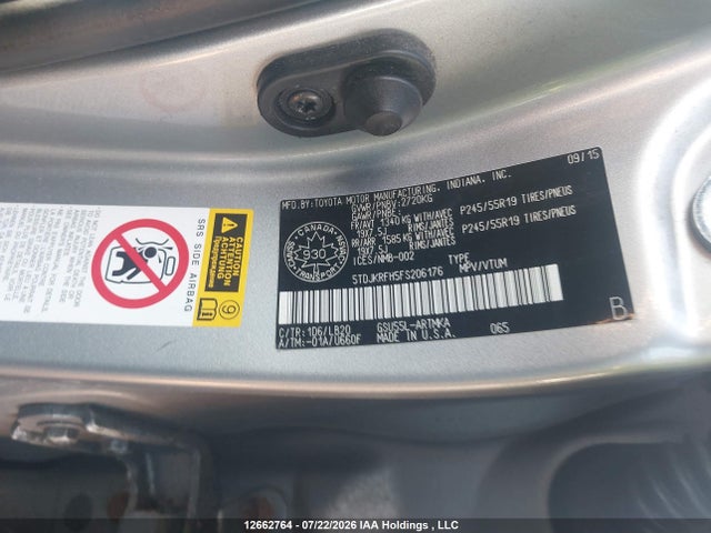 Toyota Highlander Xle 2015 5TDJKRFH5FS206176 Image 9
