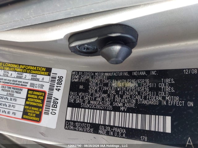 2009 Toyota Sienna Le მანქანა იყიდება აუქციონზე, vin: 5TDZK23C39S277335, აუქციონის ნომერი: 12662790