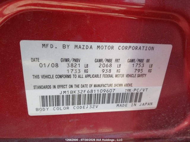 Aukcja sprzedaży 2008 Mazda 3 I, vin: JM1BK32F681109607, numer aukcji: 12662800