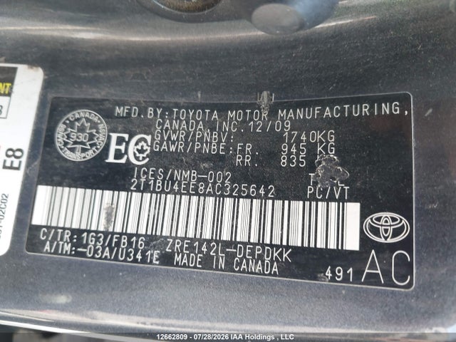 2010 Toyota Corolla Ce მანქანა იყიდება აუქციონზე, vin: 2T1BU4EE8AC325642, აუქციონის ნომერი: 12662809
