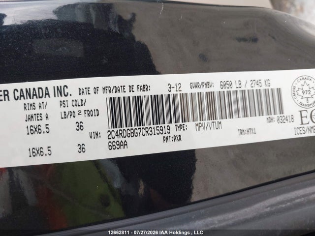 2012 Dodge Grand Caravan Se/sxt მანქანა იყიდება აუქციონზე, vin: 2C4RDGBG7CR315919, აუქციონის ნომერი: 12662811