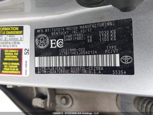 Aukcja sprzedaży 2018 Toyota Camry Se, vin: 4T1B11HKXJU540124, numer aukcji: 12662813
