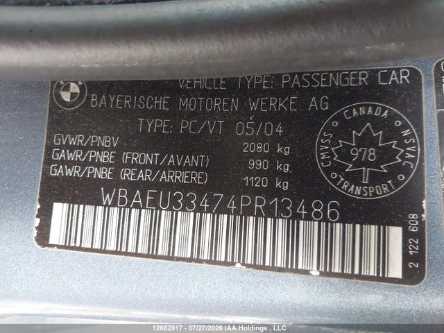 Aukcja sprzedaży 2004 Bmw 325xi, vin: WBAEU33474PR13486, numer aukcji: 12662817