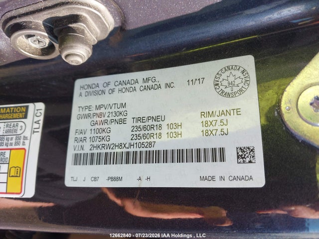 Aukcja sprzedaży 2018 Honda Cr-v Exl, vin: 2HKRW2H8XJH105287, numer aukcji: 12662840