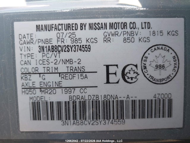 Продажа на аукционе авто 2025 Nissan Sentra Sv, vin: 3N1AB8CV2SY374559, номер лота: 12662842