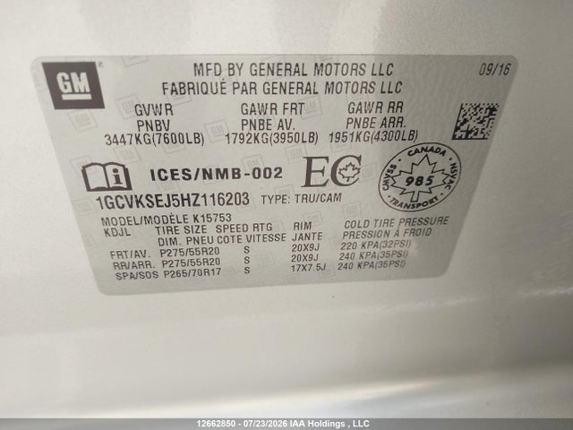 Aukcja sprzedaży 2017 Chevrolet Silverado 1500 Ltz, vin: 1GCVKSEJ5HZ116203, numer aukcji: 12662850