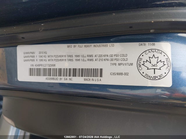 2007 Subaru Outback მანქანა იყიდება აუქციონზე, vin: 4S4BP61C277325696, აუქციონის ნომერი: 12662851