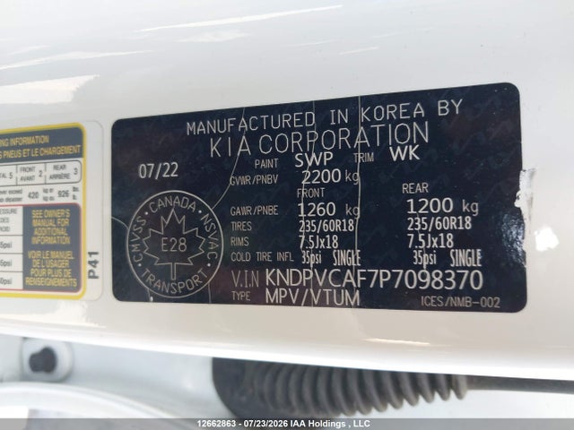 Продаж на аукціоні авто 2023 Kia Sportage, vin: KNDPVCAF7P7098370, номер лоту: 12662863