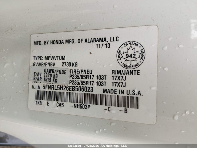 2014 Honda Odyssey Lx მანქანა იყიდება აუქციონზე, vin: 5FNRL5H26EB506023, აუქციონის ნომერი: 12662869