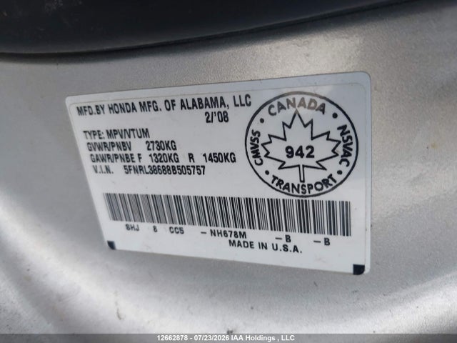 2008 Honda Odyssey Exl მანქანა იყიდება აუქციონზე, vin: 5FNRL38688B505757, აუქციონის ნომერი: 12662878