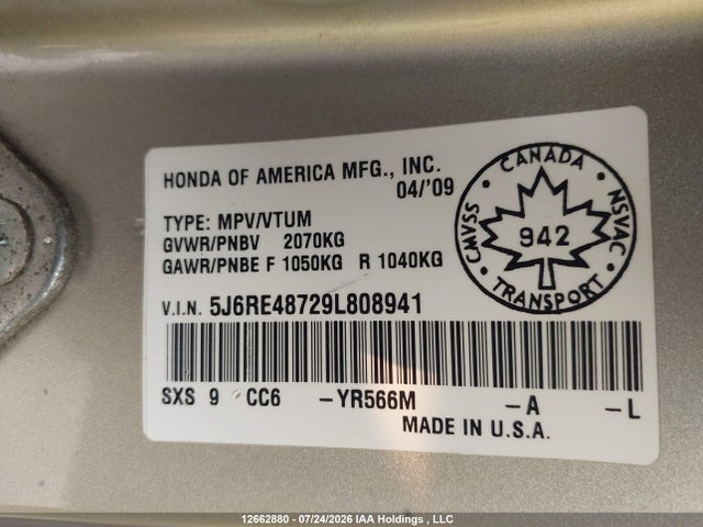 Продаж на аукціоні авто 2009 Honda Cr-v Exl, vin: 5J6RE48729L808941, номер лоту: 12662880