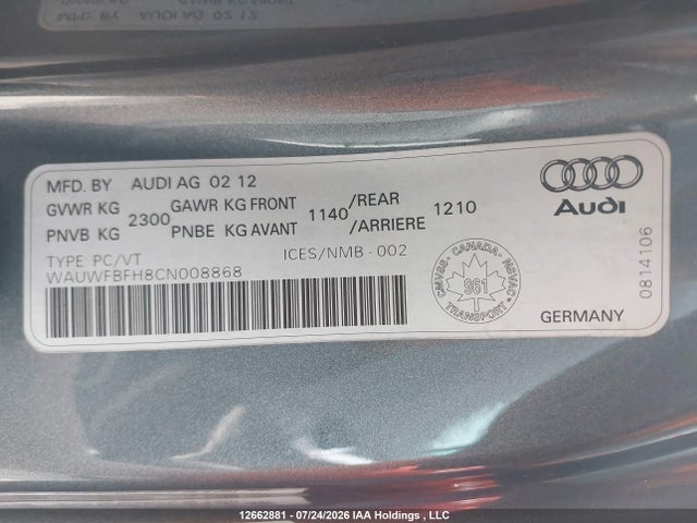 12662881 :رقم المزاد ، WAUWFBFH8CN008868 vin ، 2012 Audi A5 Premium Plus مزاد بيع
