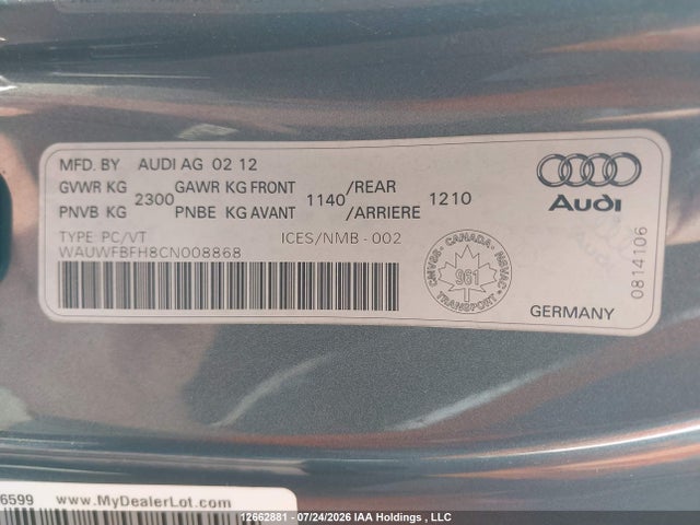 12662881 :رقم المزاد ، WAUWFBFH8CN008868 vin ، 2012 Audi A5 Premium Plus مزاد بيع