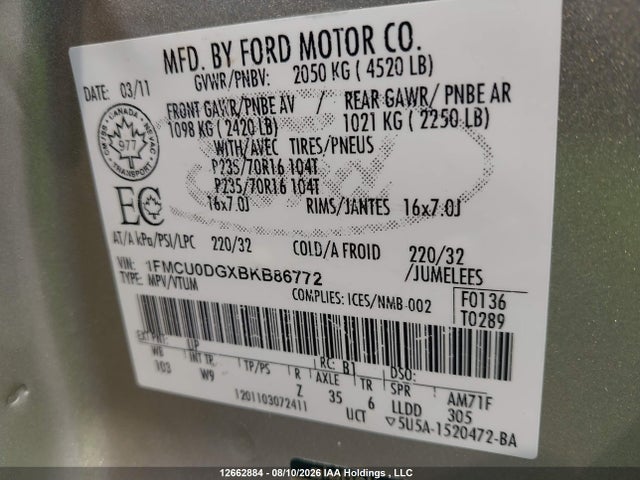 2011 Ford Escape Xlt მანქანა იყიდება აუქციონზე, vin: 1FMCU0DGXBKB86772, აუქციონის ნომერი: 12662884