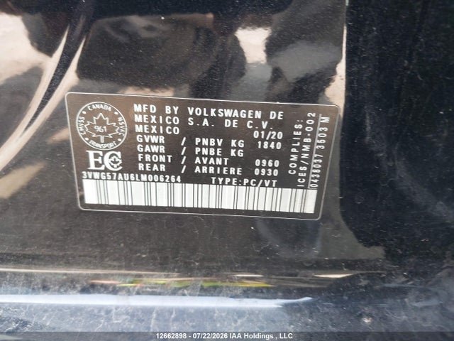 2020 Volkswagen Golf Comfortline/highline მანქანა იყიდება აუქციონზე, vin: 3VWG57AU6LM006264, აუქციონის ნომერი: 12662898