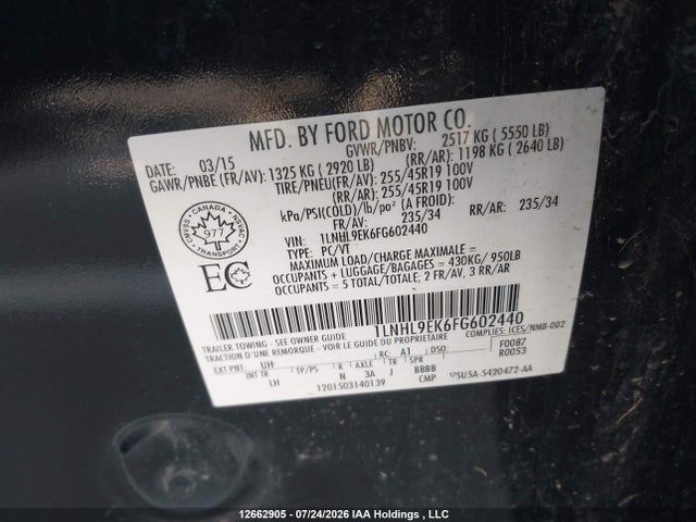 Lincoln MKS 2015 1LNHL9EK6FG602440 Image 9