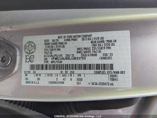Продажа на аукционе авто 2020 Ford Escape Titanium, vin: 1FMCU9J95LUB33753, номер лота: 12662915
