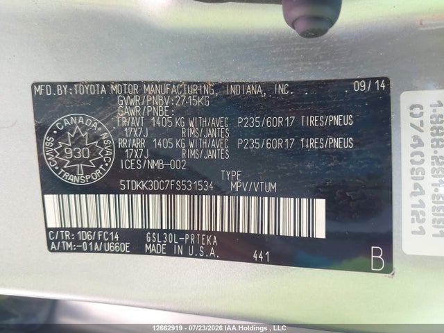 Toyota SIENNA LE 2015 5TDKK3DC7FS531534 Image 9
