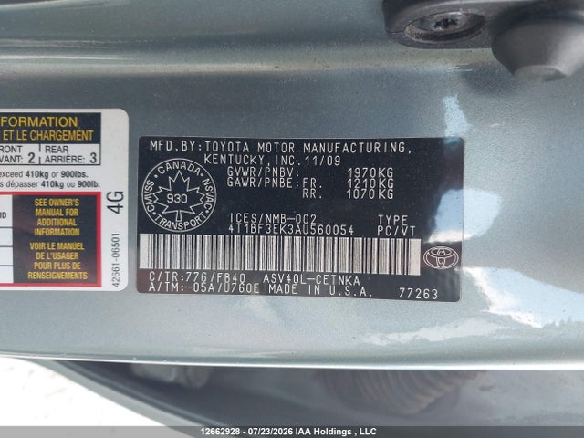 12662928 :رقم المزاد ، 4T1BF3EK3AU560054 vin ، 2010 Toyota Camry Le مزاد بيع