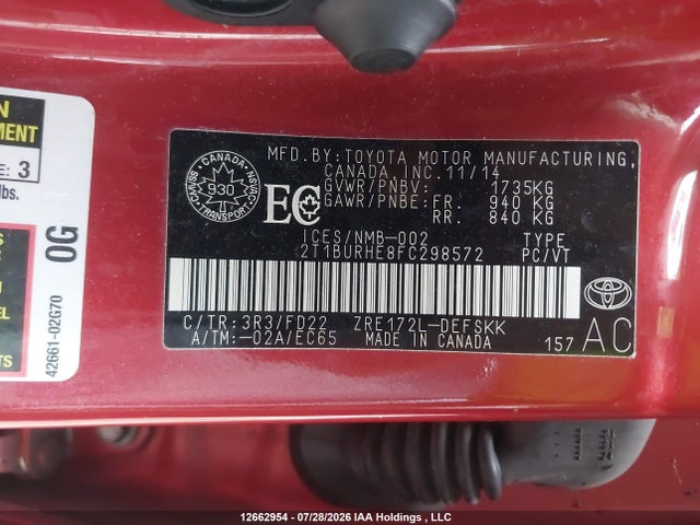 Продаж на аукціоні авто 2015 Toyota Corolla L/le/le Pls/prm/s/s Pls, vin: 2T1BURHE8FC298572, номер лоту: 12662954
