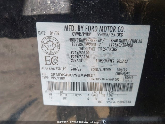 Продажа на аукционе авто 2009 Ford Edge Limited, vin: 2FMDK49C79BA94921, номер лота: 12662957