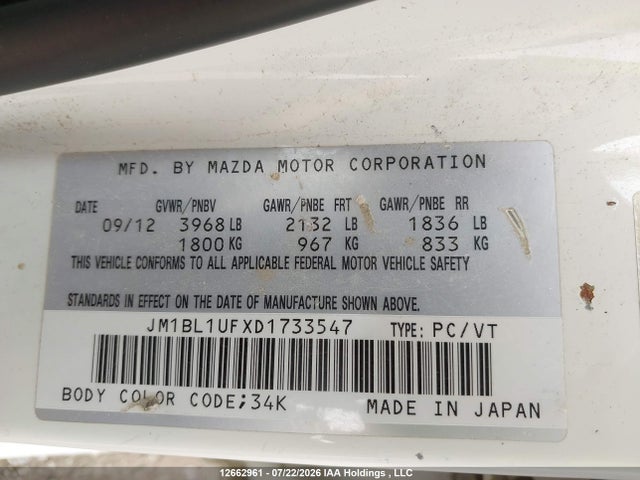 Aukcja sprzedaży 2013 Mazda 3 I, vin: JM1BL1UFXD1733547, numer aukcji: 12662961