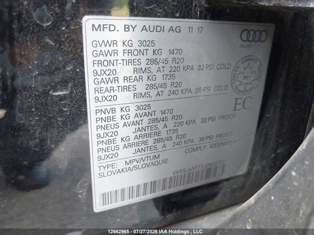 Продаж на аукціоні авто 2018 Audi Q7 Premium Plus, vin: WA1LAAF77JD022733, номер лоту: 12662965