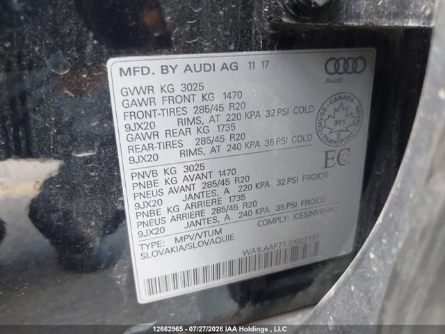 Продаж на аукціоні авто 2018 Audi Q7 Premium Plus, vin: WA1LAAF77JD022733, номер лоту: 12662965