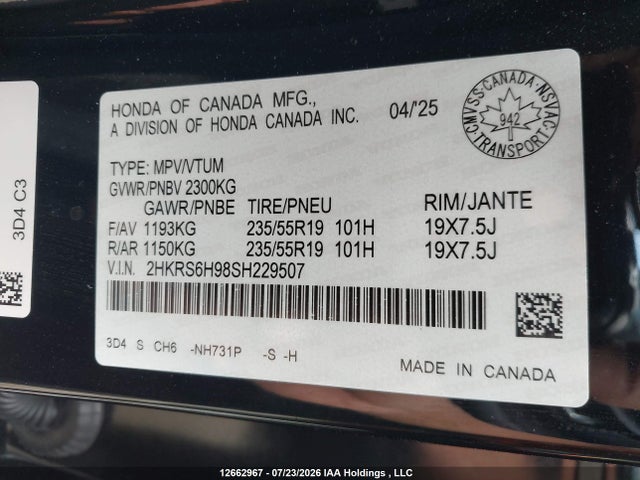 Продажа на аукционе авто 2025 Honda Cr-v Touring Hybrid, vin: 2HKRS6H98SH229507, номер лота: 12662967