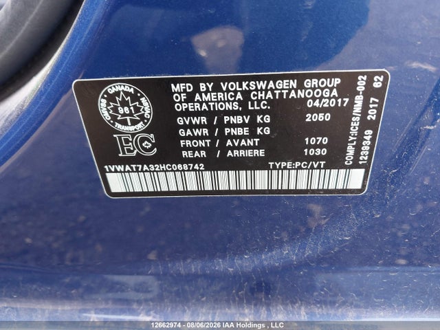 1VWAT7A32HC068742 Volkswagen Passat 1.8 Tsi Trendline+