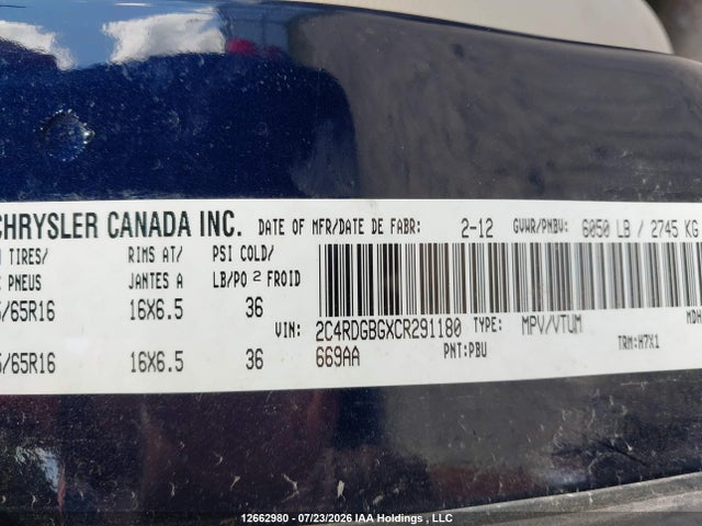 2012 Dodge Grand Caravan Se მანქანა იყიდება აუქციონზე, vin: 2C4RDGBGXCR291180, აუქციონის ნომერი: 12662980