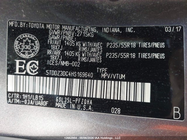 Aukcja sprzedaży 2017 Toyota Sienna Xle 7 Passenger, vin: 5TDDZ3DC4HS169640, numer aukcji: 12662984