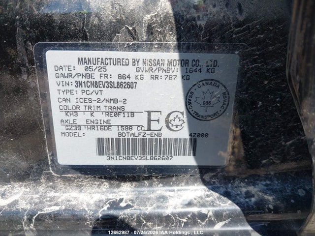 12662987 :رقم المزاد ، 3N1CN8EV3SL862607 vin ، 2025 Nissan Versa Sv مزاد بيع