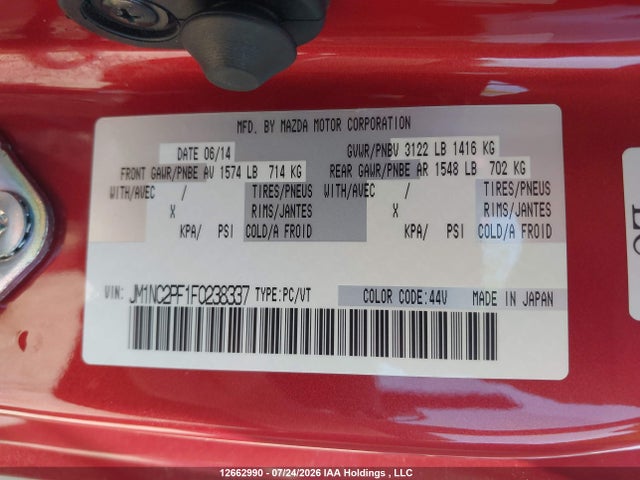 12662990 :رقم المزاد ، JM1NC2PF1F0238337 vin ، 2015 Mazda Mx-5 Gt مزاد بيع