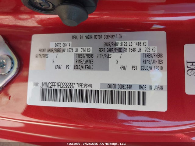 12662990 :رقم المزاد ، JM1NC2PF1F0238337 vin ، 2015 Mazda Mx-5 Gt مزاد بيع