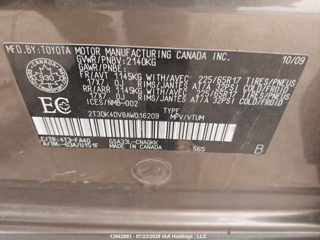 Продаж на аукціоні авто 2010 Toyota Rav4 Limited, vin: 2T3DK4DV8AW016209, номер лоту: 12662993