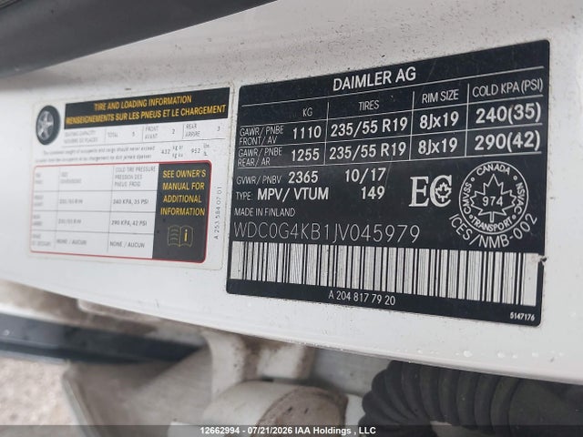 Aukcja sprzedaży 2018 Mercedes-benz Glc Glc 300, vin: WDC0G4KB1JV045979, numer aukcji: 12662994