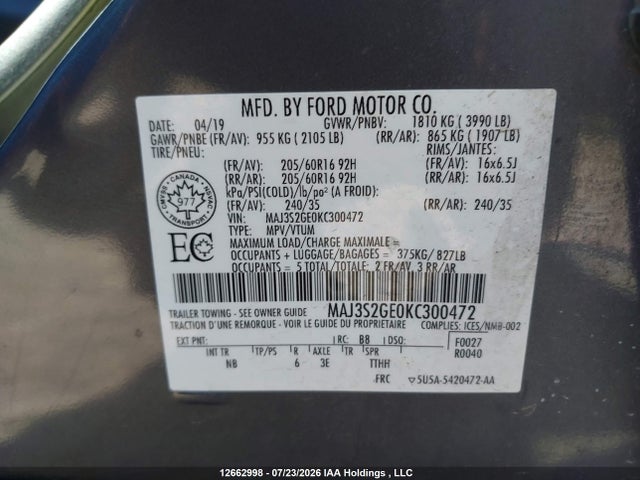 12662998 :رقم المزاد ، MAJ3S2GE0KC300472 vin ، 2019 Ford Ecosport Se مزاد بيع