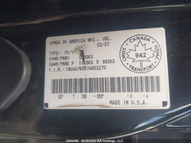 2007 Acura Tl Type S მანქანა იყიდება აუქციონზე, vin: 19UUA76557A802270, აუქციონის ნომერი: 12644488